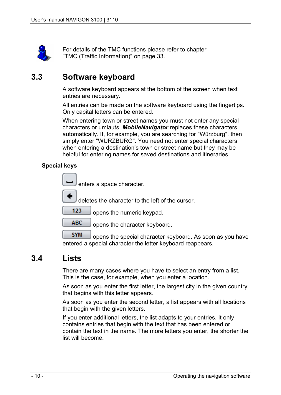 3 software keyboard, 4 lists | Navigon 3100 User Manual | Page 12 / 41