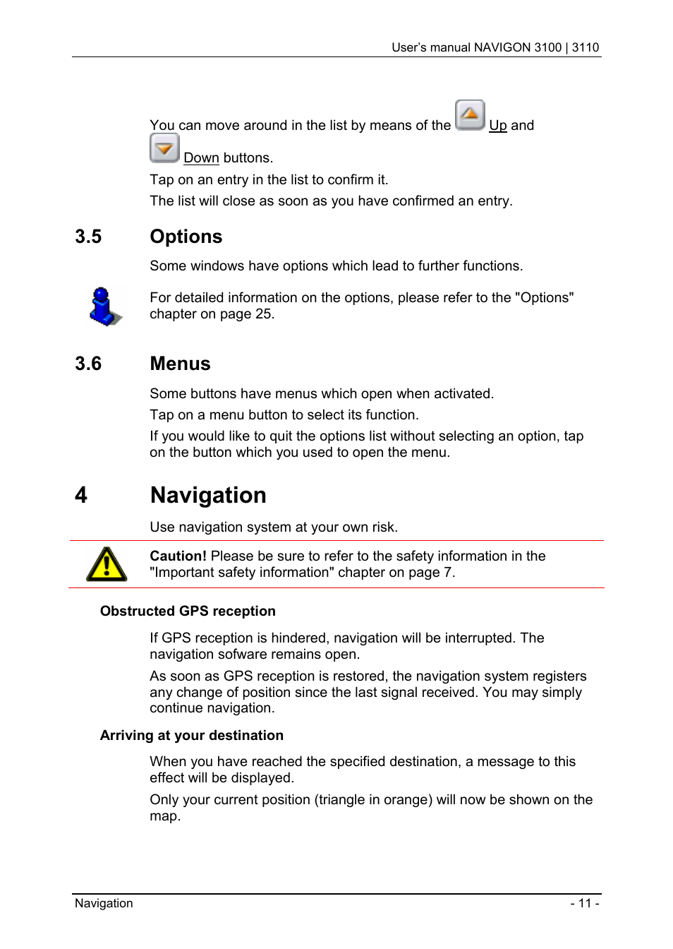 5 options, 6 menus, 4 navigation | Navigon 3100 User Manual | Page 13 / 41