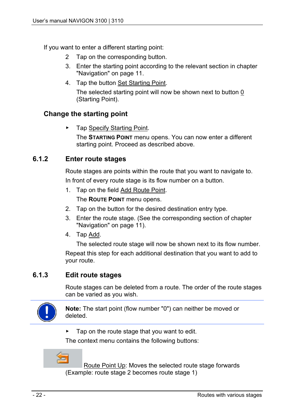 2 enter route stages, 3 edit route stages, Change the starting point | Navigon 3100 User Manual | Page 24 / 41