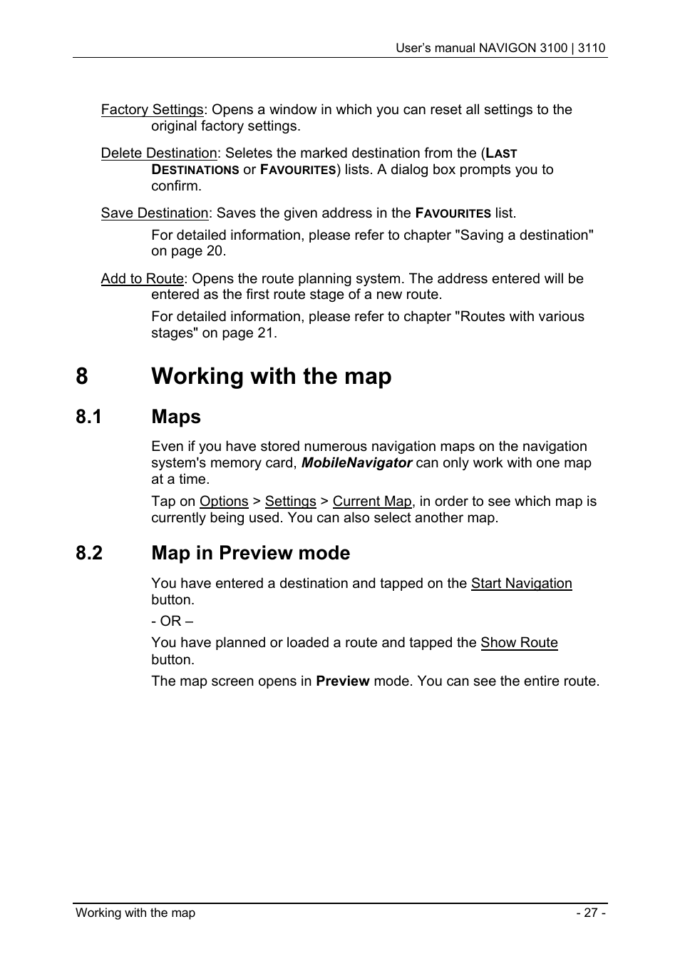 8 working with the map, 1 maps, 2 map in preview mode | 8working with the map | Navigon 3100 User Manual | Page 29 / 41
