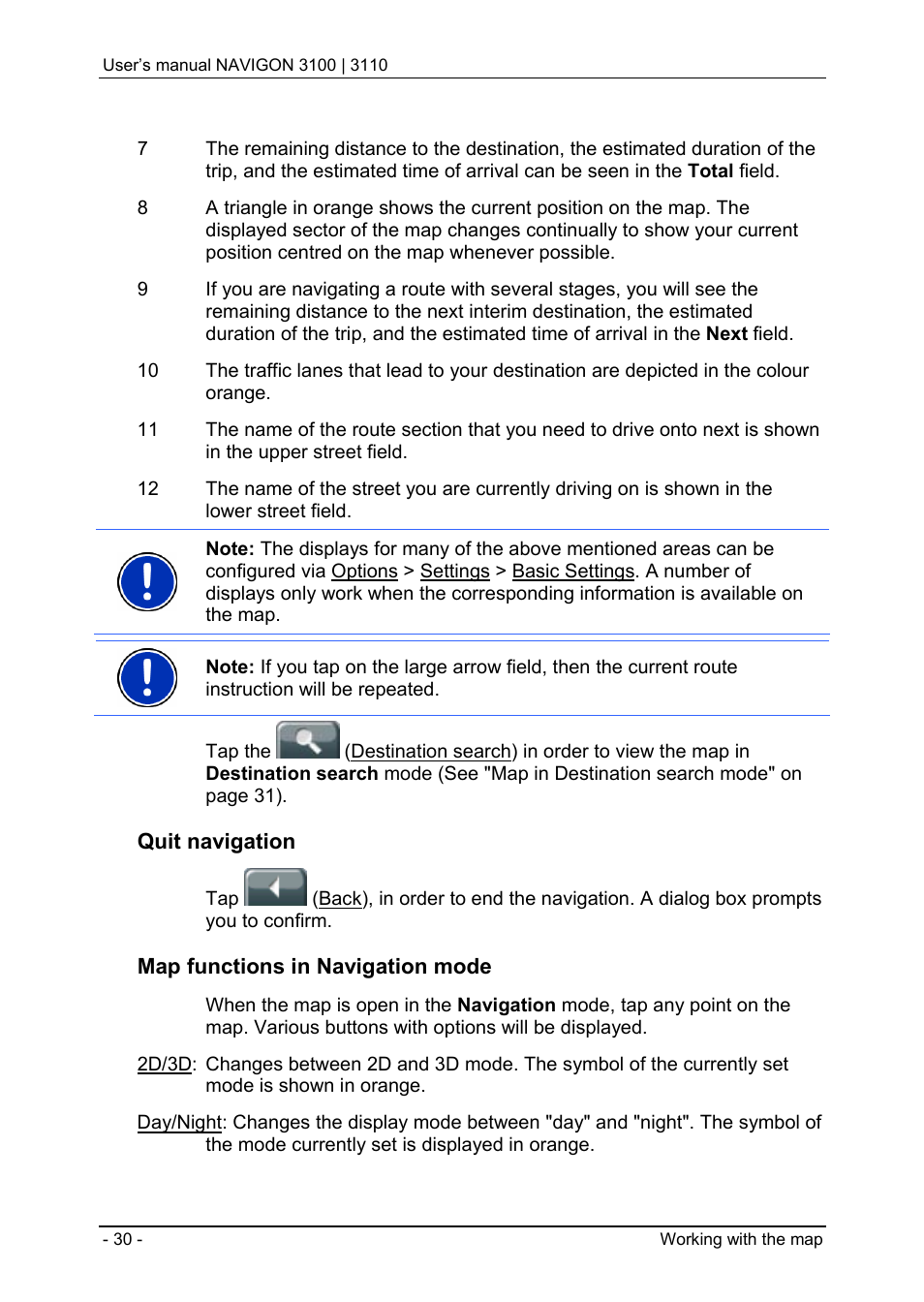 Quit navigation, Map functions in navigation mode | Navigon 3100 User Manual | Page 32 / 41