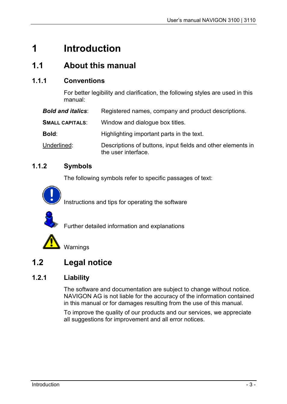 1 introduction, 1 about this manual, 1 conventions | 2 symbols, 2 legal notice, 1 liability | Navigon 3100 User Manual | Page 5 / 41