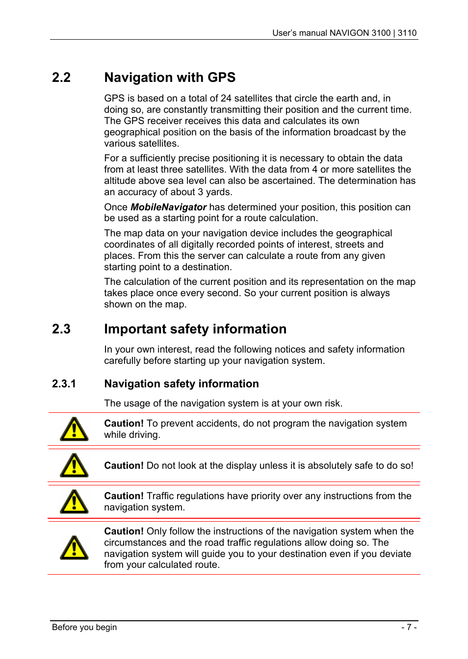 2 navigation with gps, 3 important safety information, 1 navigation safety information | Navigon 3100 User Manual | Page 9 / 41