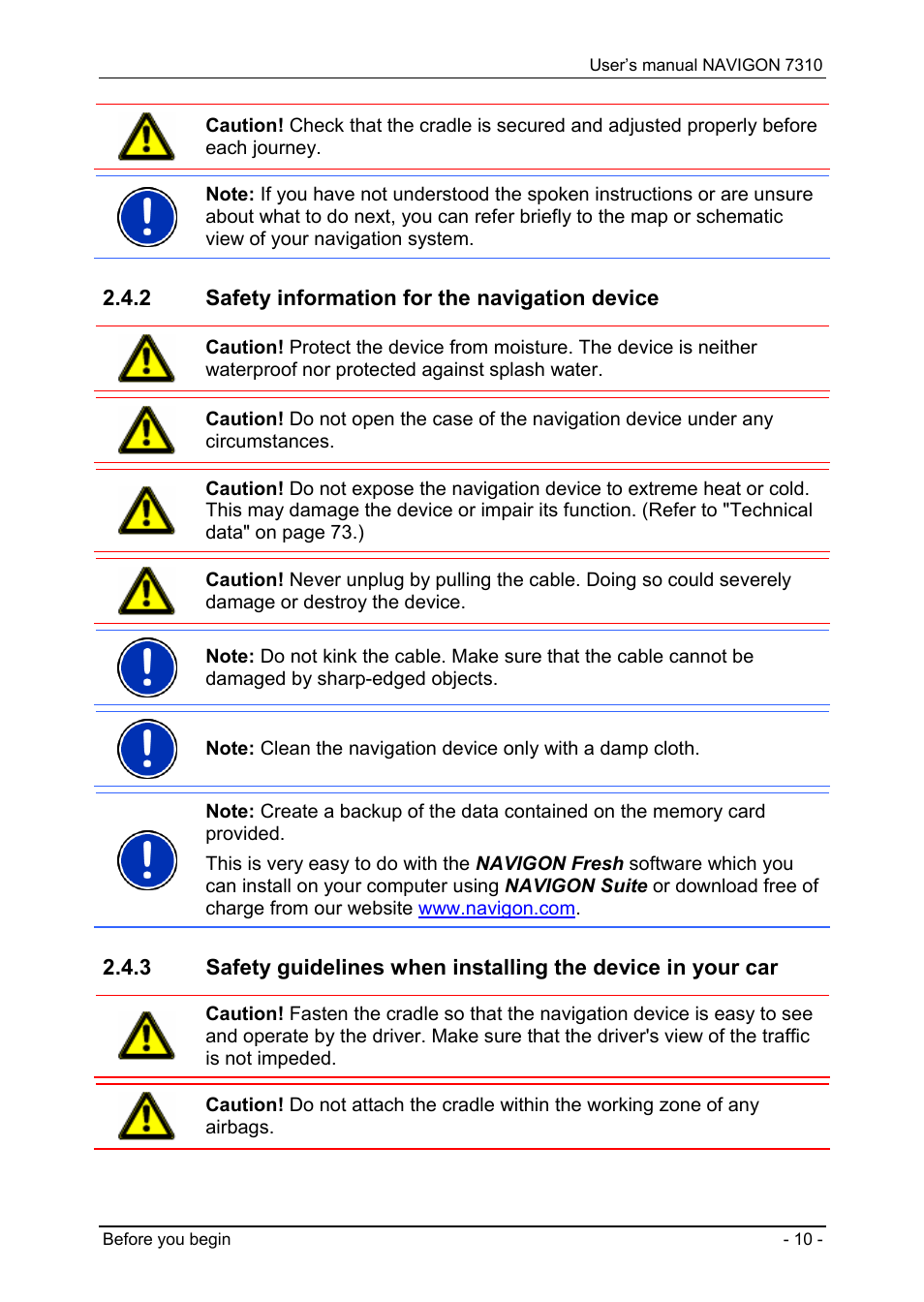 2 safety information for the navigation device, Safety information for the navigation device, Technical data" on p age | Navigon 7310 User Manual | Page 10 / 79