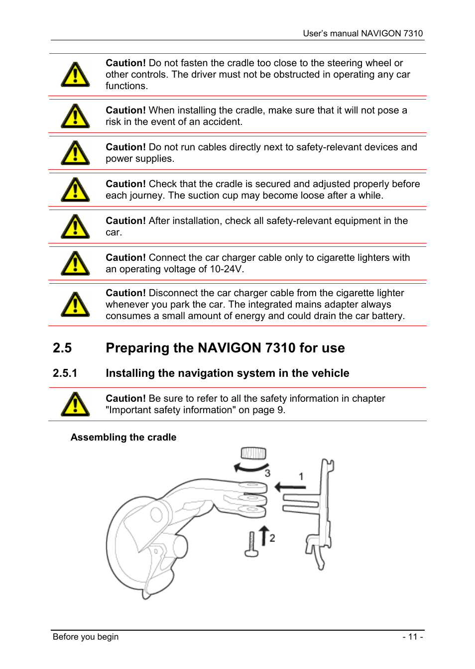 5 preparing the navigon 7310 for use, 1 installing the navigation system in the vehicle, Preparing the navigon 7310 for use | Installing the navigation system in the vehicle, Www.navigon.com, And click on "support". the, Bsite, Safety guidelines when installing, Important safety information" on page, Assembling the cradle | Navigon 7310 User Manual | Page 11 / 79