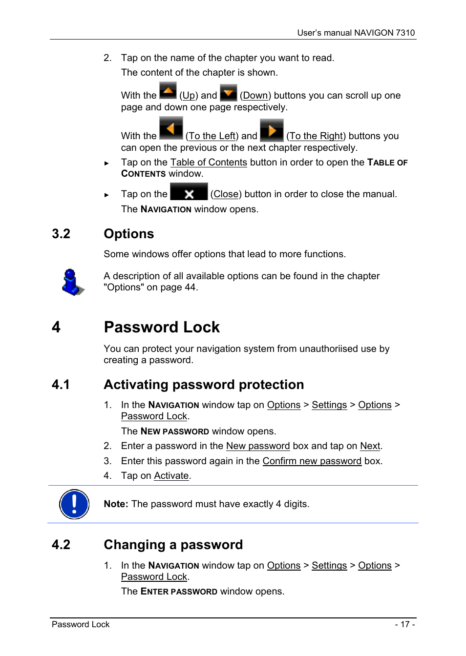 2 options, 4 password lock, 1 activating password protection | 2 changing a password, Options, Password lock, Activating password protection, Changing a password, 4 passw ord lock | Navigon 7310 User Manual | Page 17 / 79
