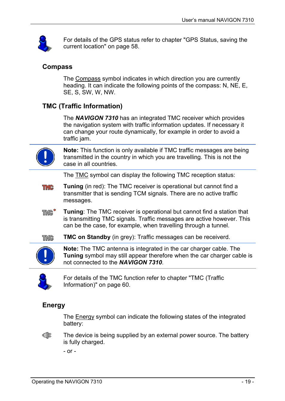 Compass, Tmc (traffic information), Energy | Navigon 7310 User Manual | Page 19 / 79