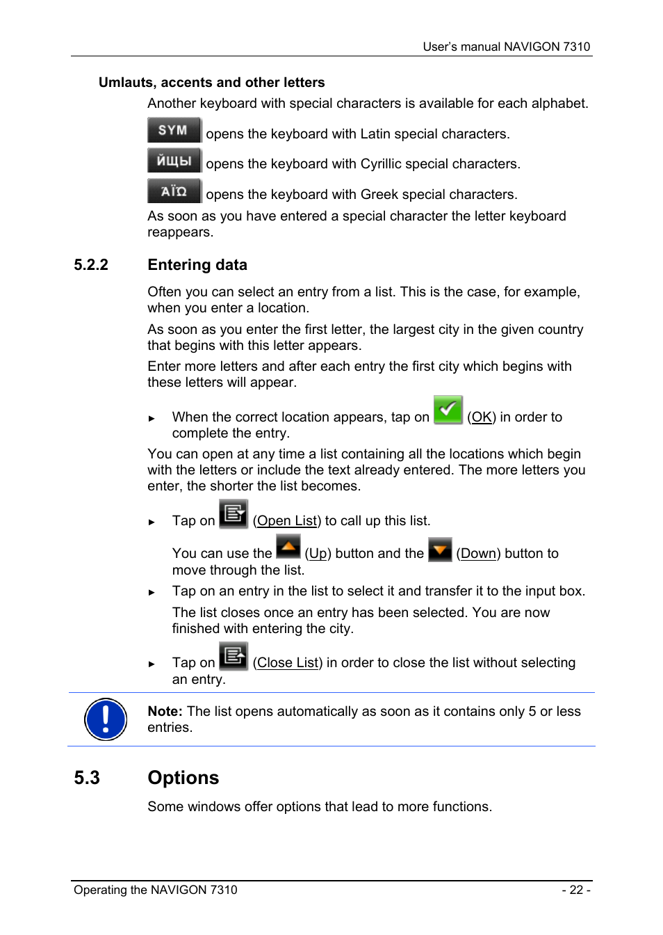 2 entering data, 3 options, Entering data | Options | Navigon 7310 User Manual | Page 22 / 79
