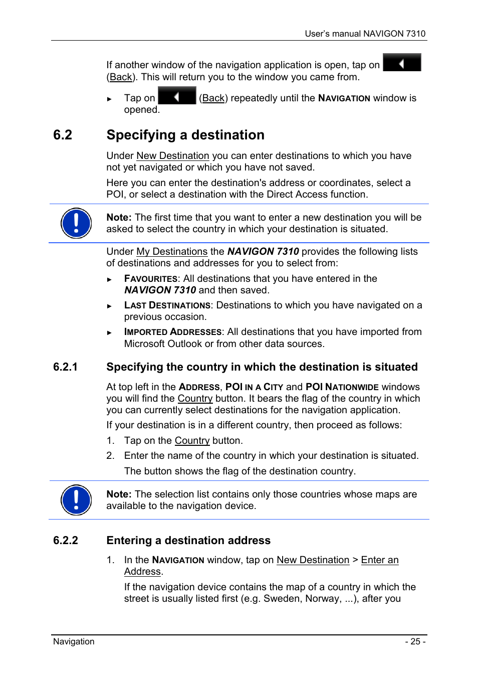 2 specifying a destination, 2 entering a destination address, Specifying a destination | Entering a destination address, Car charg | Navigon 7310 User Manual | Page 25 / 79