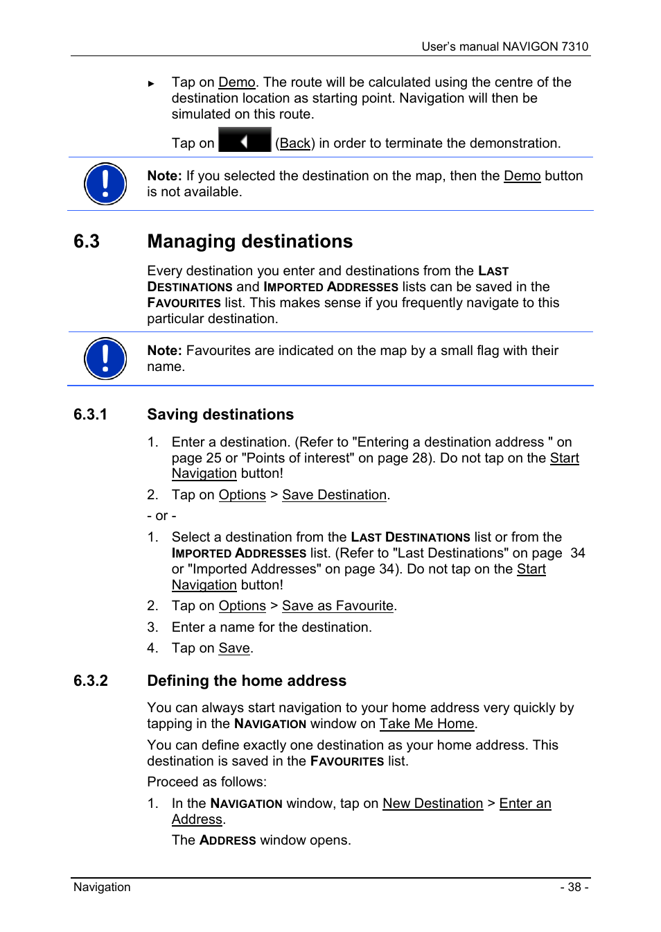 3 managing destinations, 1 saving destinations, 2 defining the home address | Managing destinations, Saving destinations, Defining the home address, To chapter, Gps status, saving the, Compass, The compass symbol indicates in | Navigon 7310 User Manual | Page 38 / 79