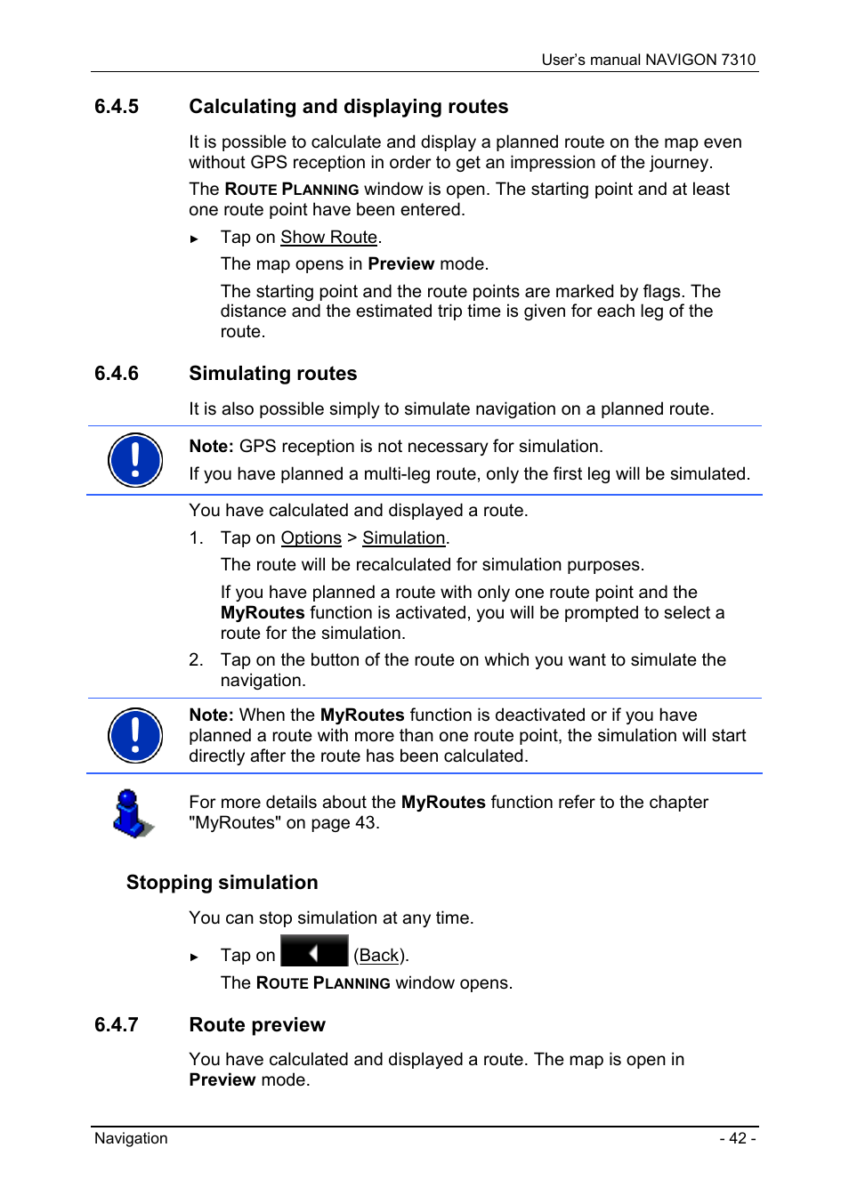 5 calculating and displaying routes, 6 simulating routes, 7 route preview | Calculating and displaying routes, Simulating routes, Route preview, Stopping simulation | Navigon 7310 User Manual | Page 42 / 79