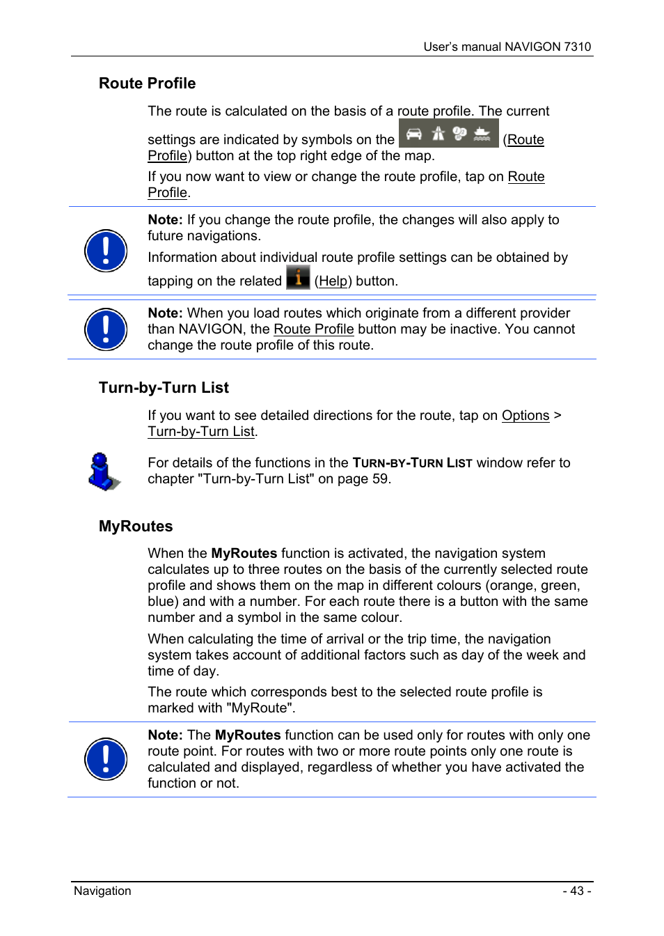 Route profile, Turn-by-turn list, Myroutes | Navigon 7310 User Manual | Page 43 / 79