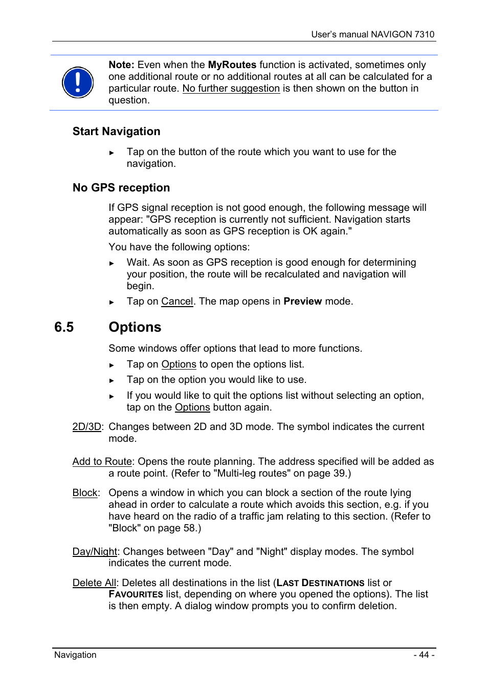 5 options, Options, Start navigation | No gps reception | Navigon 7310 User Manual | Page 44 / 79