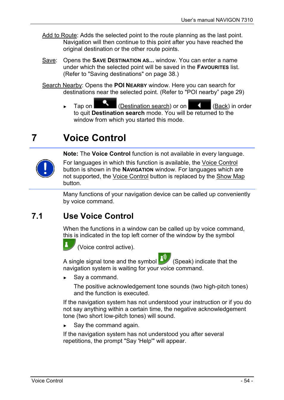 7 voice control, 1 use voice control, Voice control | Use voice control | Navigon 7310 User Manual | Page 54 / 79