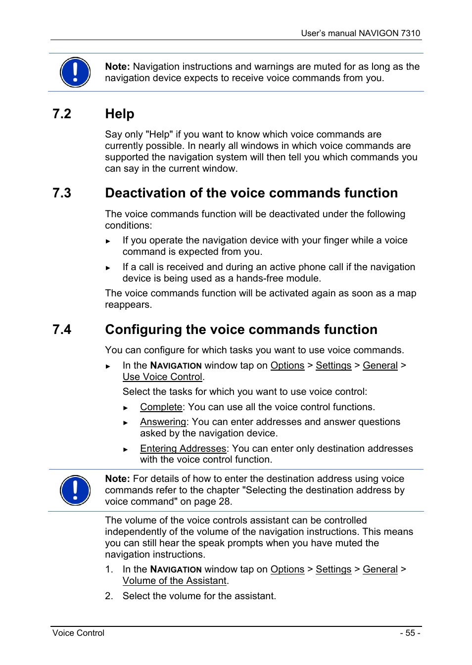 2 help, 3 deactivation of the voice commands function, 4 configuring the voice commands function | Help, Deactivation of the voice commands function, Configuring the voice commands function | Navigon 7310 User Manual | Page 55 / 79