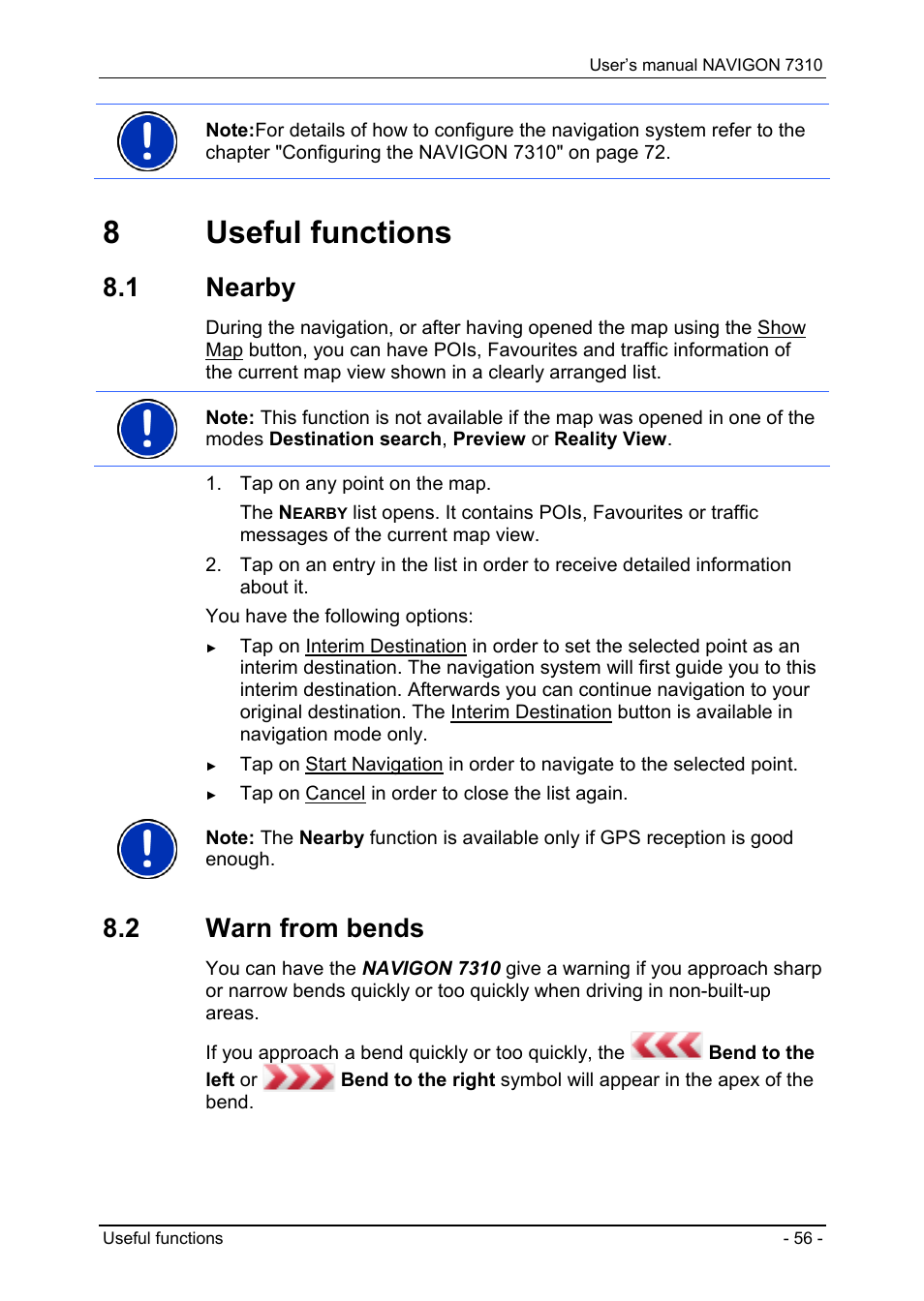 8 useful functions, 1 nearby, 2 warn from bends | Useful functions, Nearby, Warn from bends | Navigon 7310 User Manual | Page 56 / 79