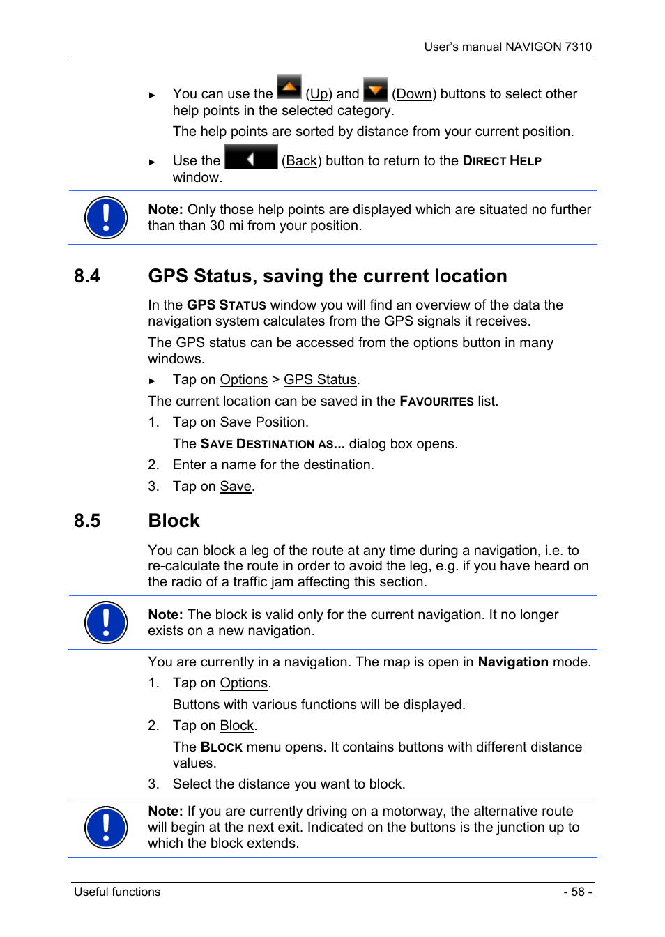 4 gps status, saving the current location, 5 block, Gps status, saving the current location | Block | Navigon 7310 User Manual | Page 58 / 79