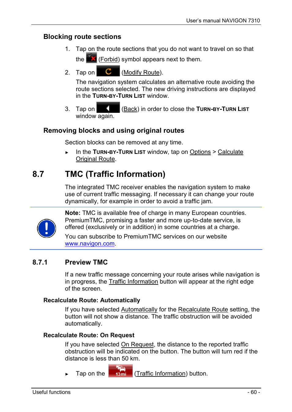 7 tmc (traffic information), 1 preview tmc, Tmc (traffic information) | Preview tmc, Removing blocks and using original routes | Navigon 7310 User Manual | Page 60 / 79