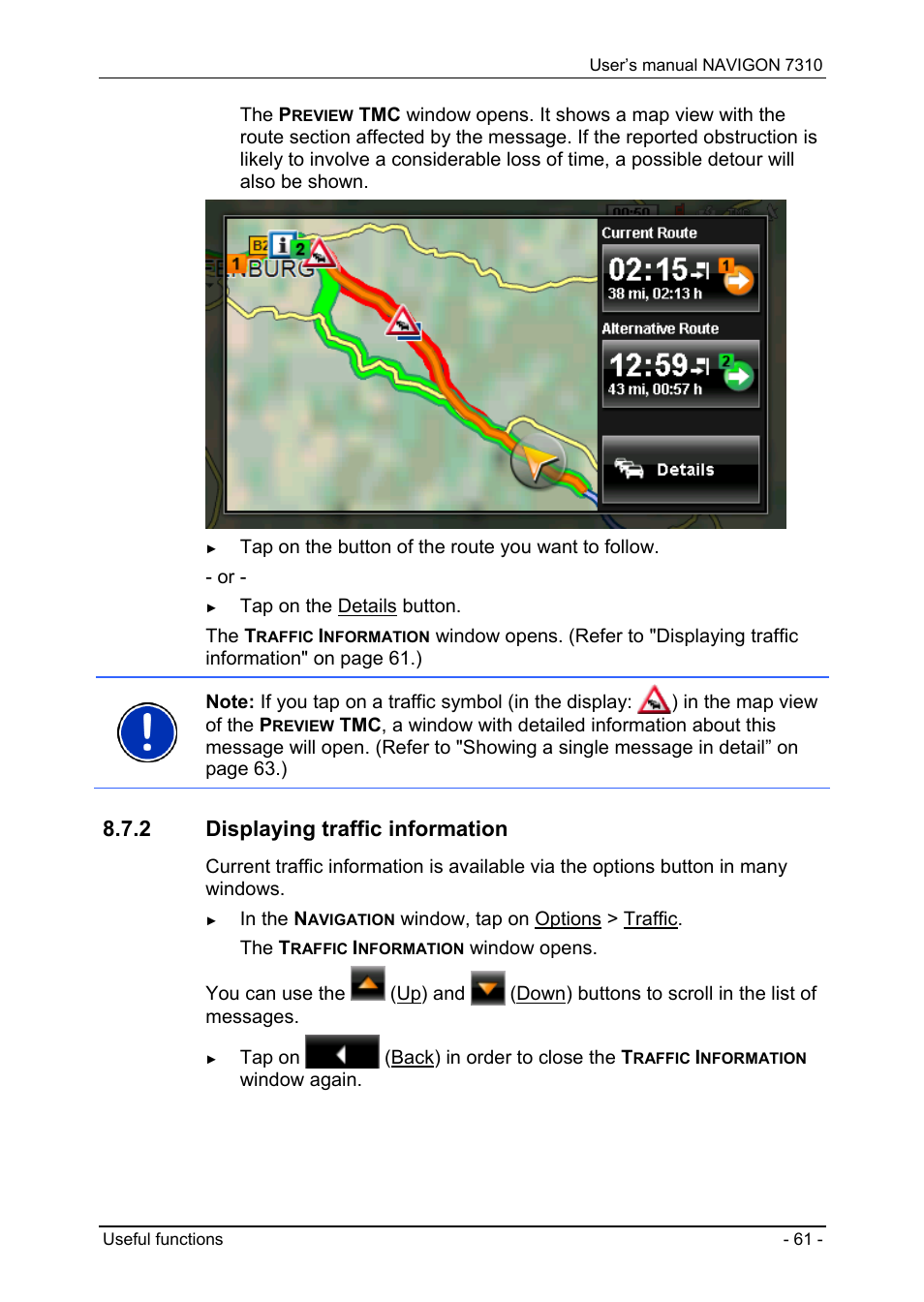 2 displaying traffic information, Displaying traffic information | Navigon 7310 User Manual | Page 61 / 79