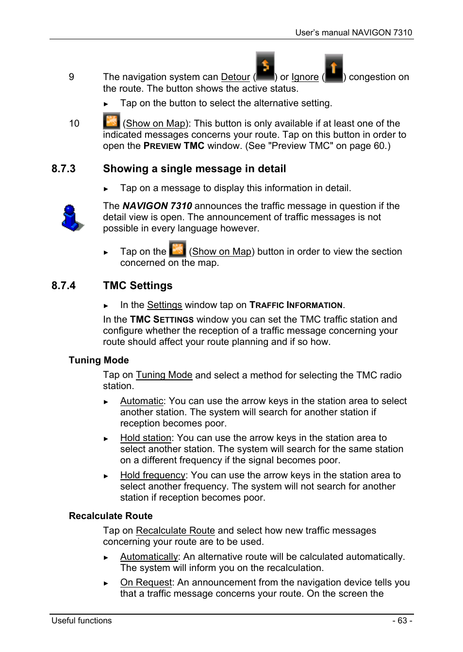 3 showing a single message in detail, 4 tmc settings, Showing a single message in detail | Tmc settings | Navigon 7310 User Manual | Page 63 / 79