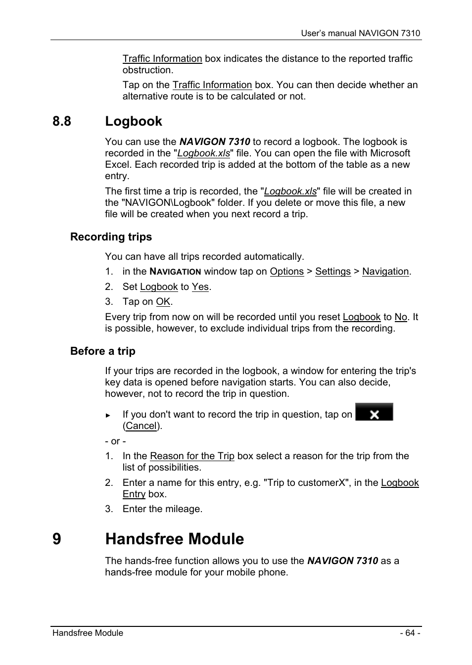 8 logbook, 9 handsfree module, Logbook | Handsfree module | Navigon 7310 User Manual | Page 64 / 79