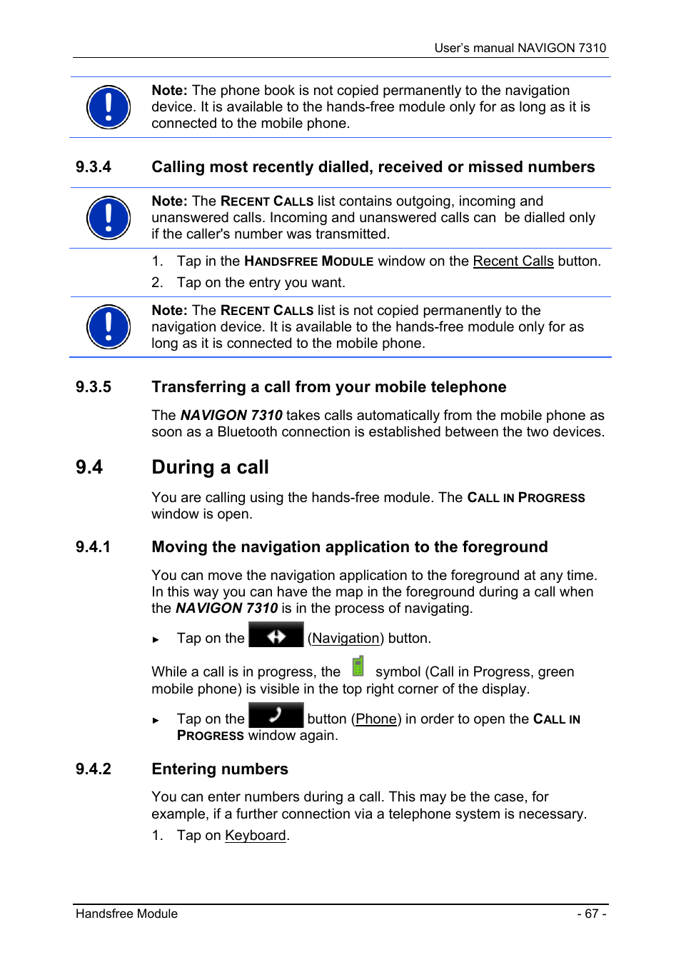 5 transferring a call from your mobile telephone, 4 during a call, 2 entering numbers | Transferring a call from your mobile telephone, During a call, Entering numbers | Navigon 7310 User Manual | Page 67 / 79