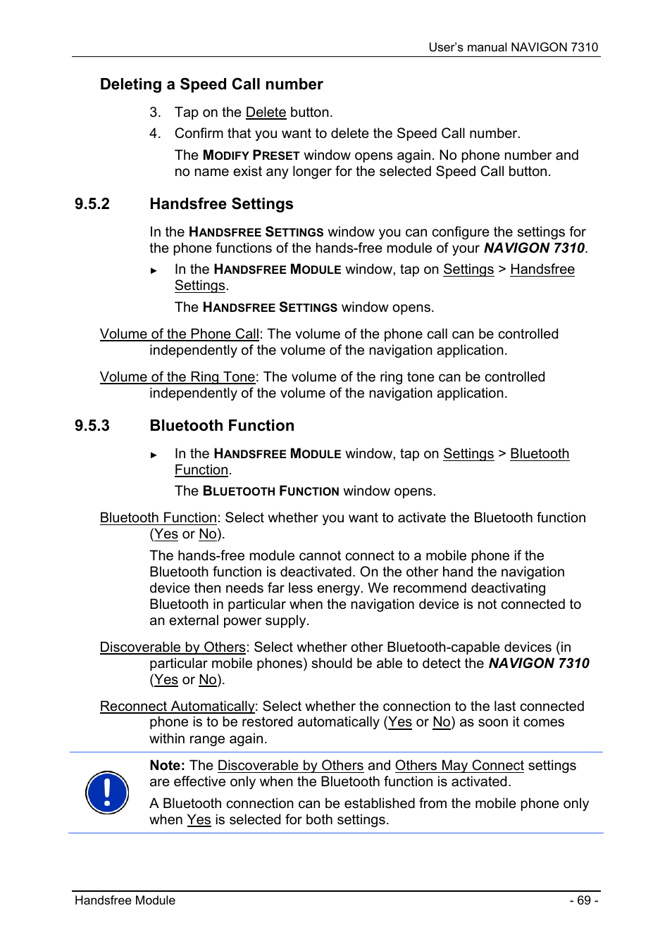 2 handsfree settings, 3 bluetooth function, Handsfree settings | Bluetooth function, Deleting a speed call number | Navigon 7310 User Manual | Page 69 / 79