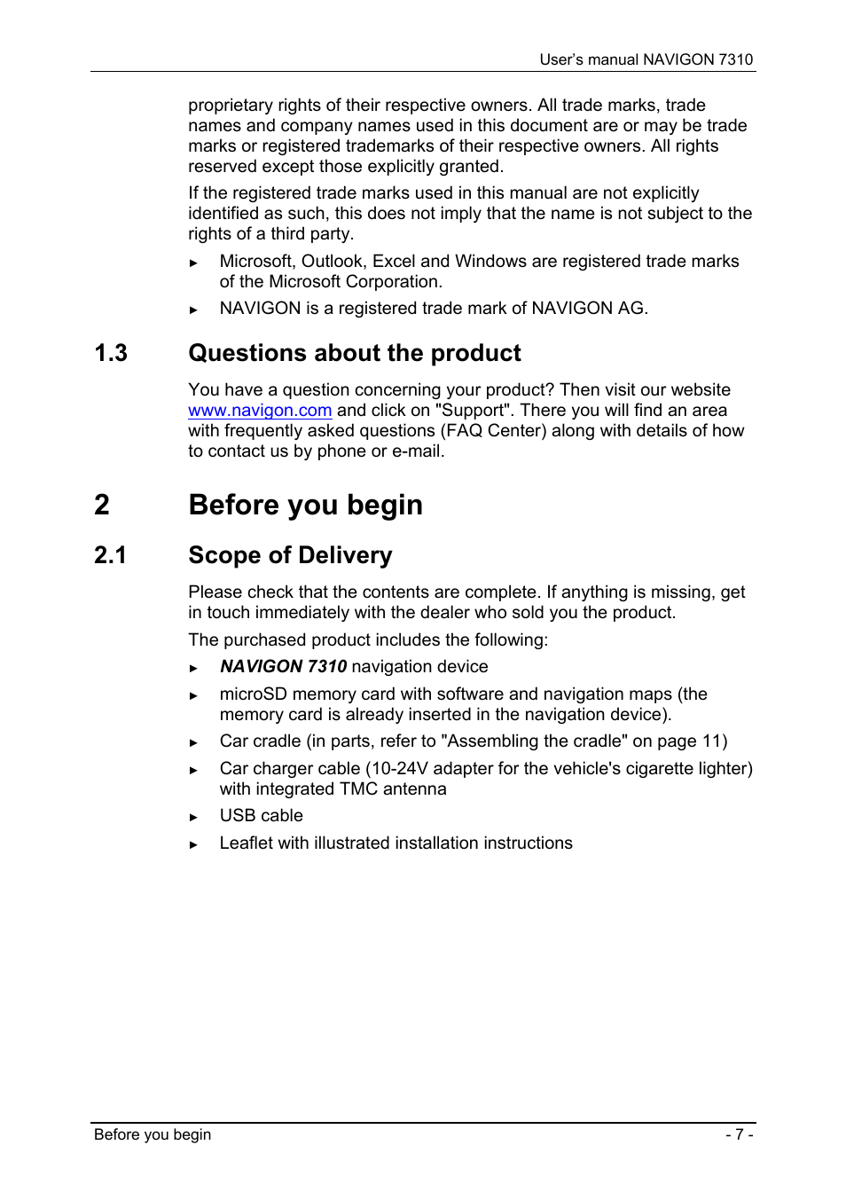 3 questions about the product, 2 before you begin, 1 scope of delivery | Questions about the product, Before you begin, Scope of delivery, 2before you begin | Navigon 7310 User Manual | Page 7 / 79