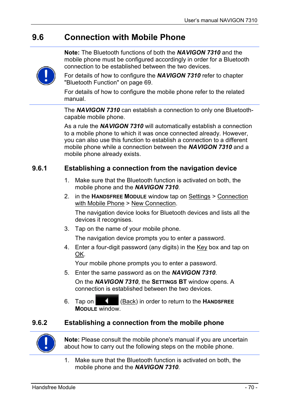 6 connection with mobile phone, 2 establishing a connection from the mobile phone, Connection with mobile phone | Establishing a connection from the mobile phone | Navigon 7310 User Manual | Page 70 / 79