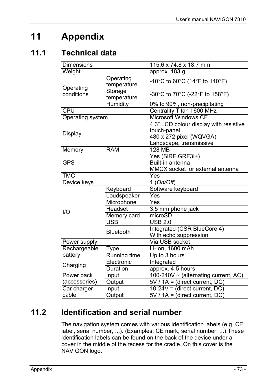 11 appendix, 1 technical data, 2 identification and serial number | Appendix, Technical data, Identification and serial number | Navigon 7310 User Manual | Page 73 / 79