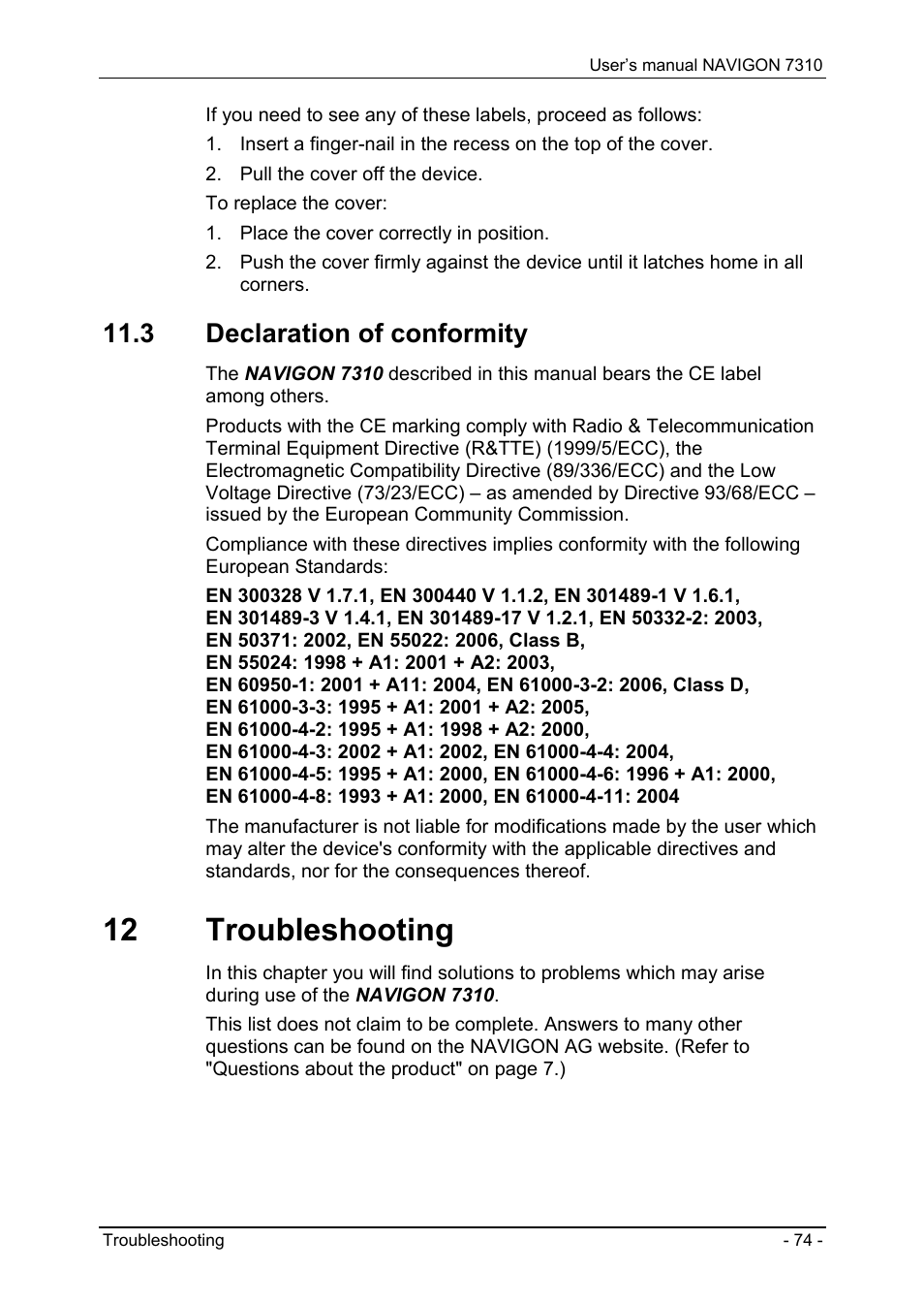 3 declaration of conformity, 12 troubleshooting, Declaration of conformity | Troubleshooting | Navigon 7310 User Manual | Page 74 / 79
