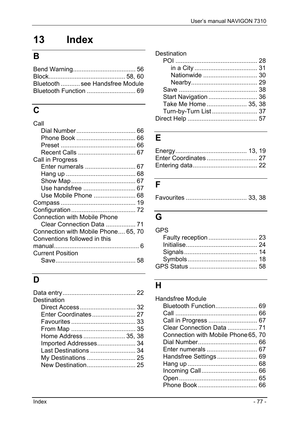 13 index, Index | Navigon 7310 User Manual | Page 77 / 79