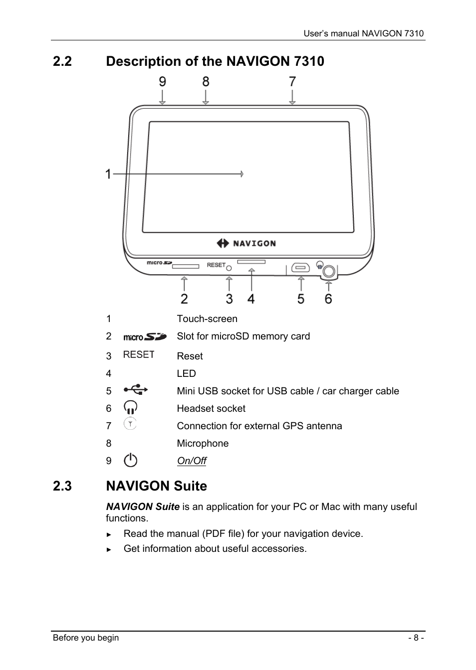 2 description of the navigon 7310, 3 navigon suite, Description of the navigon 7310 | Navigon suite | Navigon 7310 User Manual | Page 8 / 79