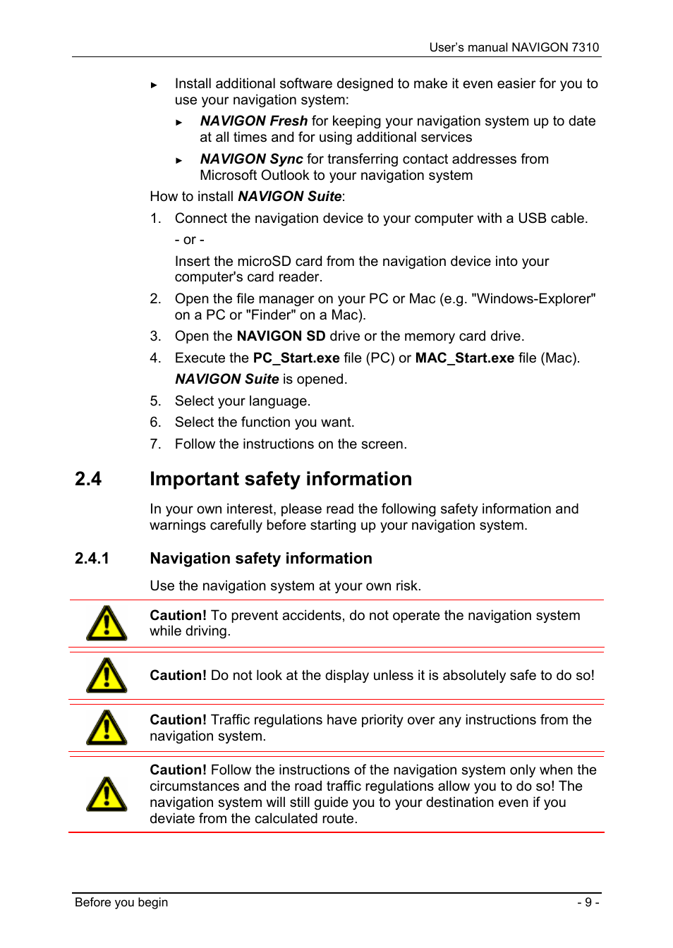 4 important safety information, 1 navigation safety information, Important safety information | Navigation safety information | Navigon 7310 User Manual | Page 9 / 79