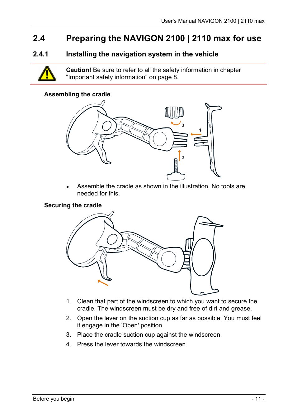 4 preparing the navigon 2100 | 2110 max for use, 1 installing the navigation system in the vehicle, Preparing the navigon 2100 | 2110 max for use | Installing the navigation system in the vehicle | Navigon 2100 User Manual | Page 11 / 57