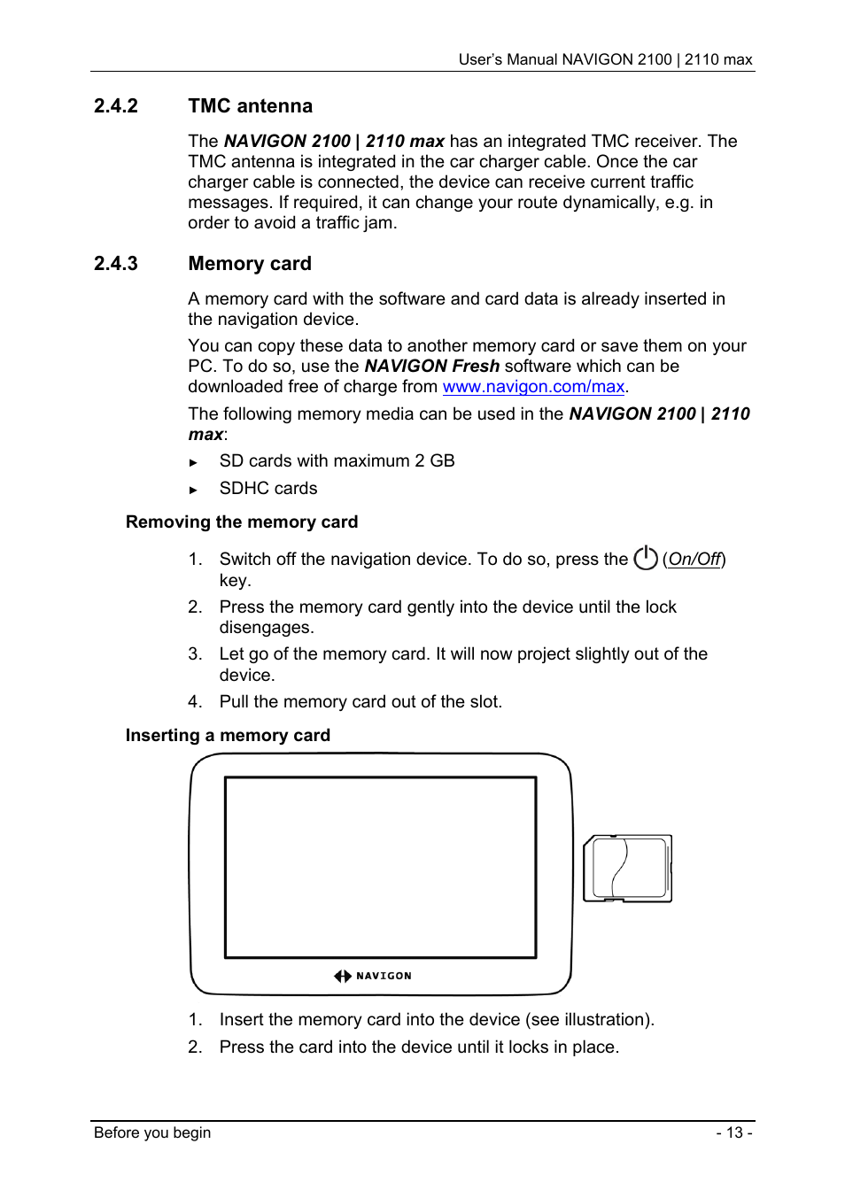 2 tmc antenna, 3 memory card, Tmc antenna | Memory card | Navigon 2100 User Manual | Page 13 / 57