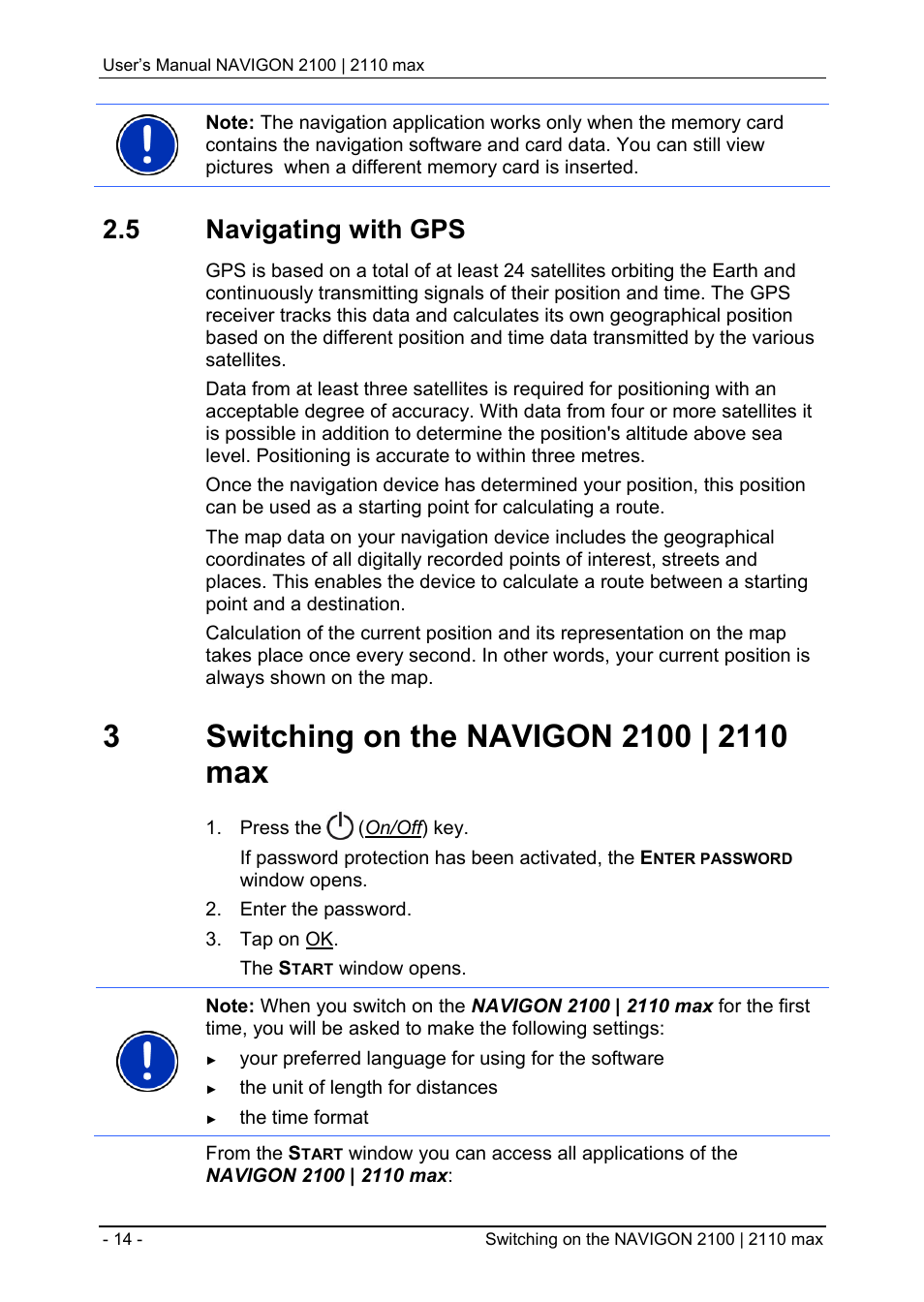 5 navigating with gps, 3 switching on the navigon 2100 | 2110 max, Navigating with gps | Switching on the navigon 2100 | 2110 max | Navigon 2100 User Manual | Page 14 / 57