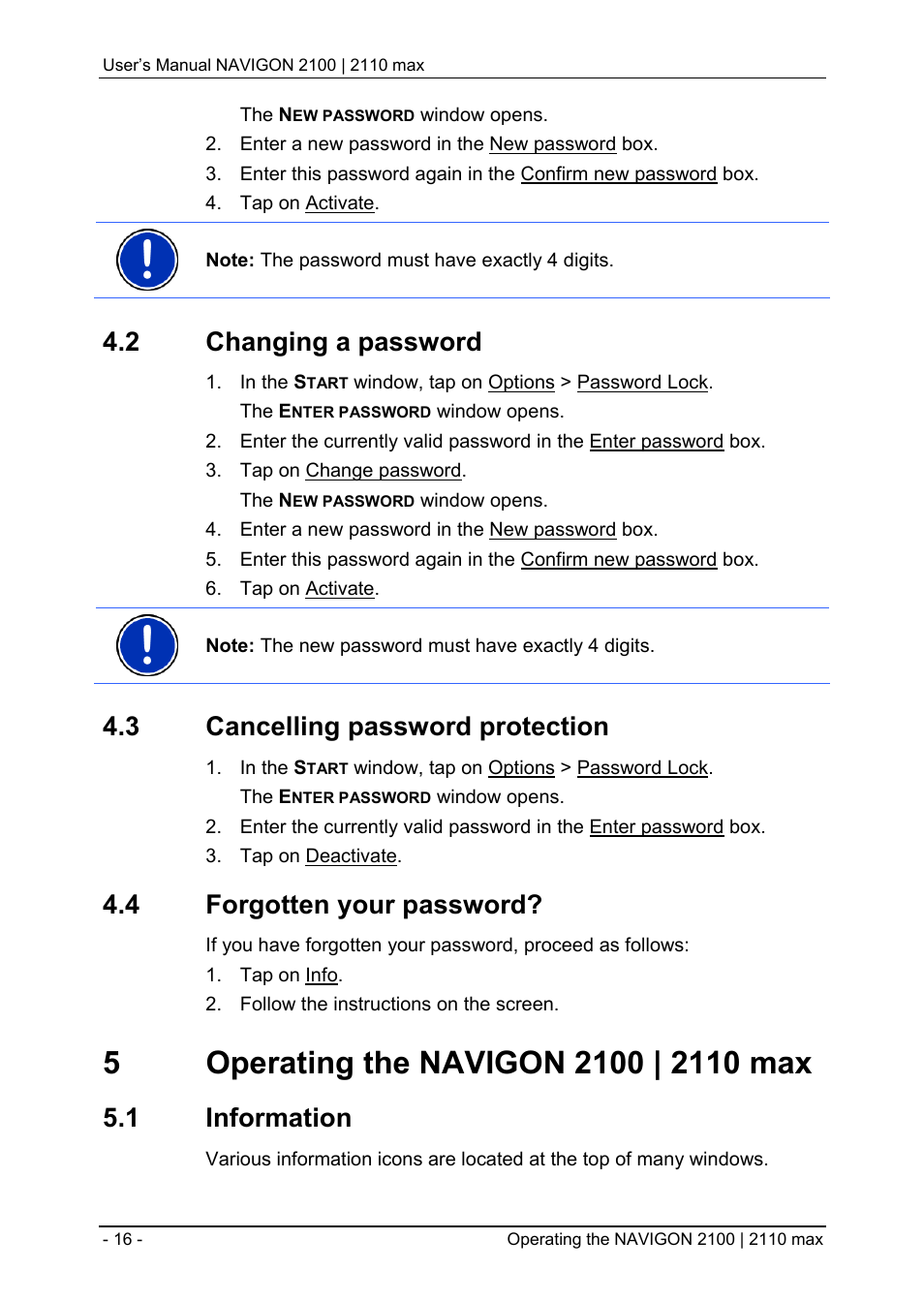 2 changing a password, 3 cancelling password protection, 4 forgotten your password | 5 operating the navigon 2100 | 2110 max, 1 information, Changing a password, Cancelling password protection, Forgotten your password, Operating the navigon 2100 | 2110 max, Information | Navigon 2100 User Manual | Page 16 / 57