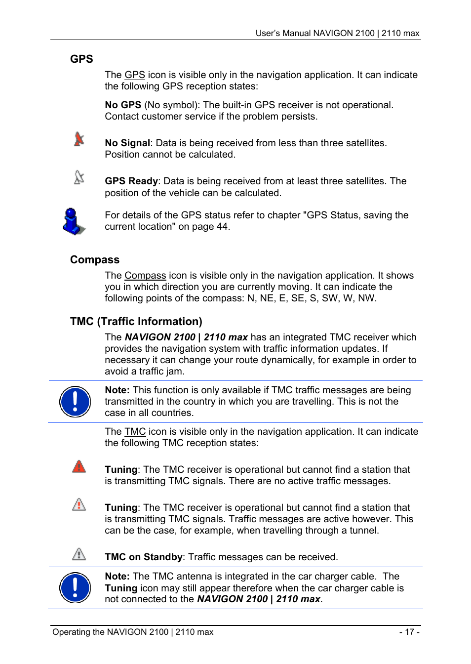 Compass, Tmc (traffic information) | Navigon 2100 User Manual | Page 17 / 57