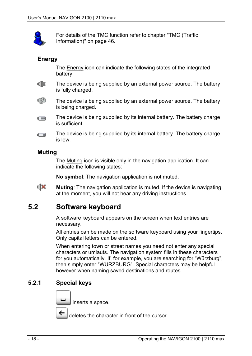 2 software keyboard, 1 special keys, Software keyboard | Special keys | Navigon 2100 User Manual | Page 18 / 57