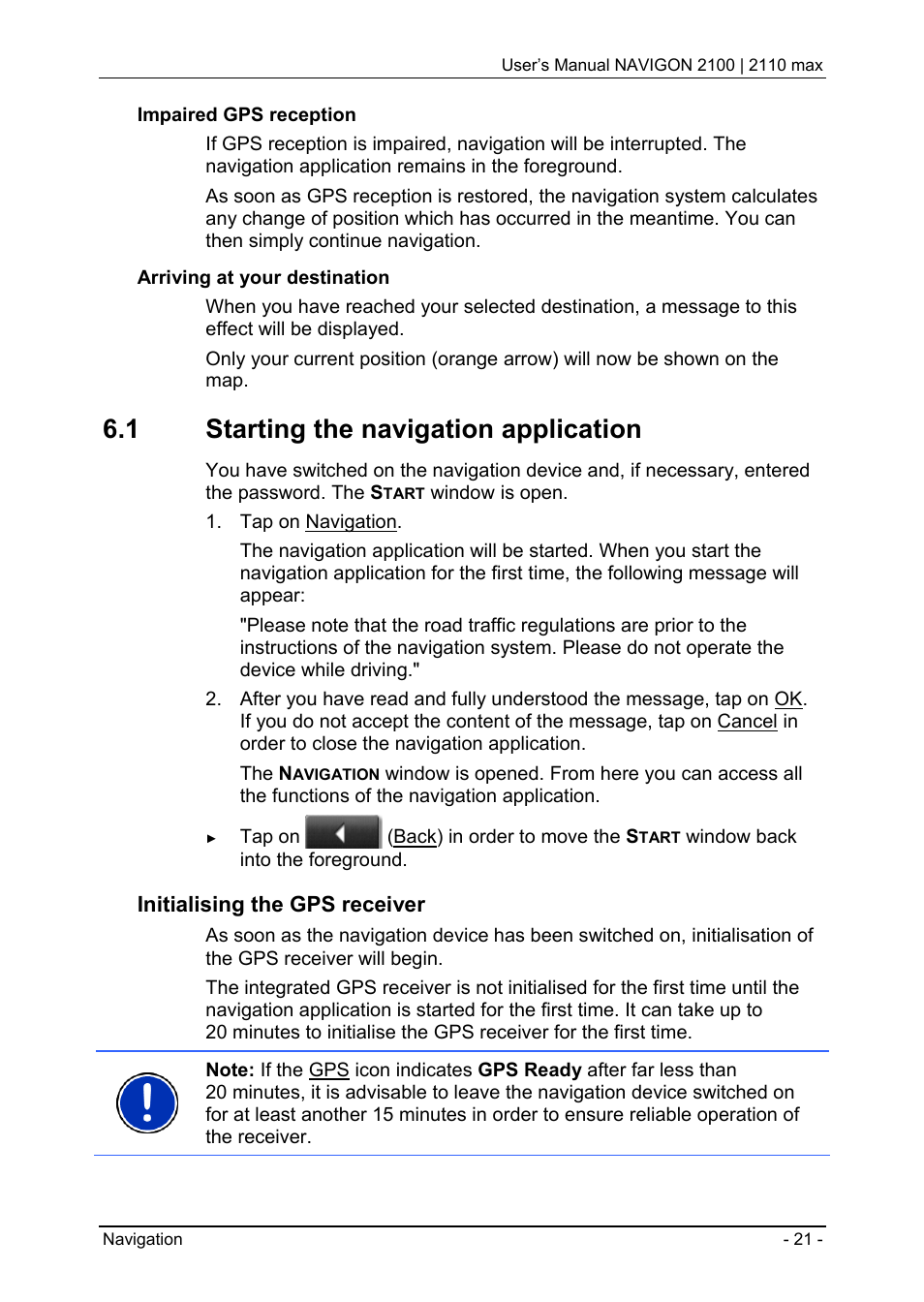 1 starting the navigation application, Starting the navigation application, Initialising the gps receiver | Navigon 2100 User Manual | Page 21 / 57