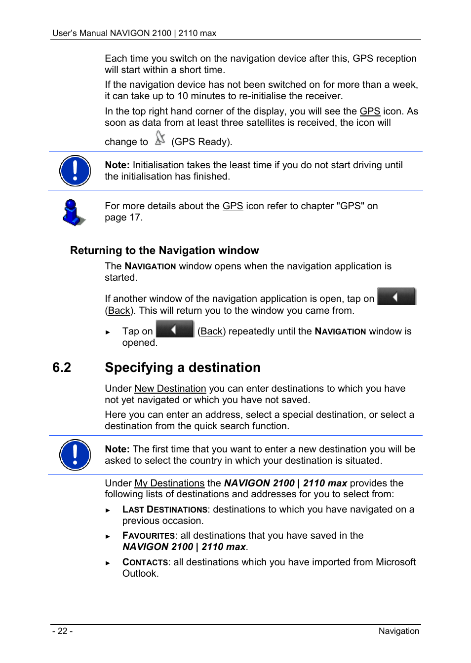 2 specifying a destination, Specifying a destination, Returning to the navigation window | Navigon 2100 User Manual | Page 22 / 57
