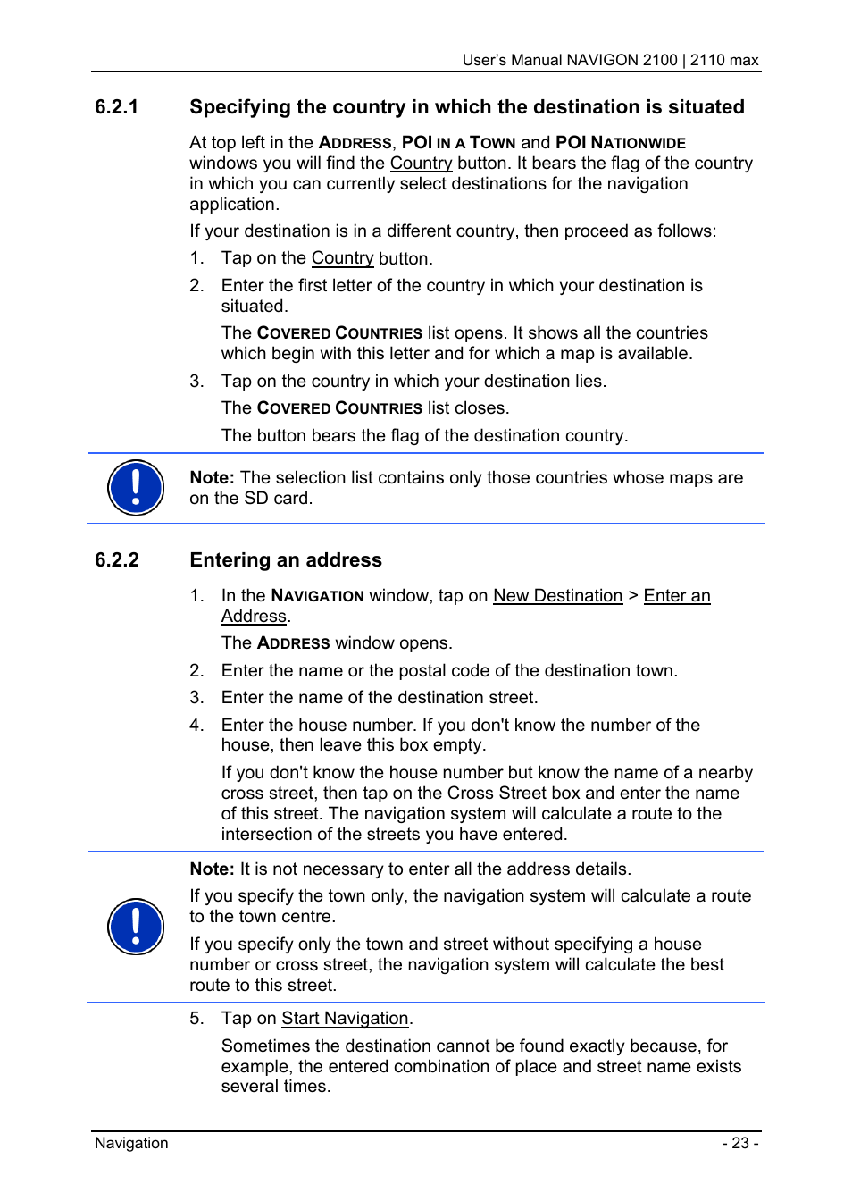 2 entering an address, Entering an address | Navigon 2100 User Manual | Page 23 / 57