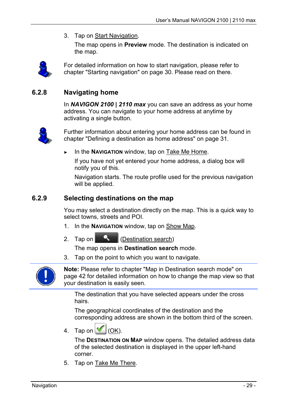 8 navigating home, 9 selecting destinations on the map, Navigating home | Selecting destinations on the map | Navigon 2100 User Manual | Page 29 / 57
