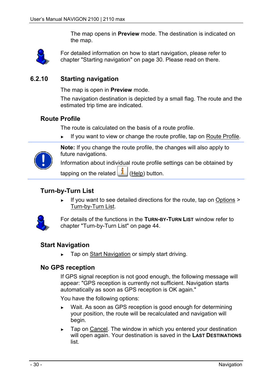 10 starting navigation, Starting navigation, Chapter "starting navigation" on p | Please r, Route profile, Turn-by-turn list, Start navigation, No gps reception | Navigon 2100 User Manual | Page 30 / 57