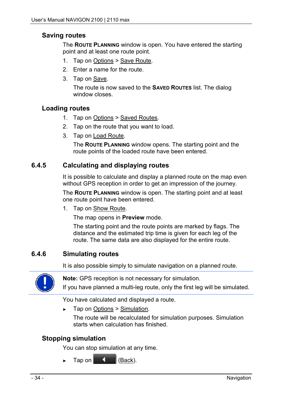 5 calculating and displaying routes, 6 simulating routes, Calculating and displaying routes | Simulating routes, Saving routes, Loading routes, Stopping simulation | Navigon 2100 User Manual | Page 34 / 57