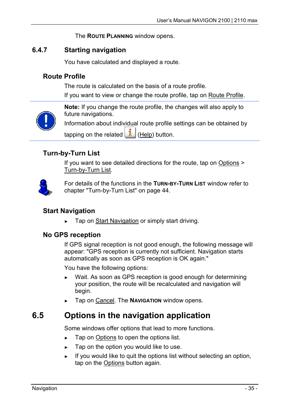 7 starting navigation, 5 options in the navigation application, Starting navigation | Options in the navigation application, Route profile, Turn-by-turn list, Start navigation, No gps reception | Navigon 2100 User Manual | Page 35 / 57