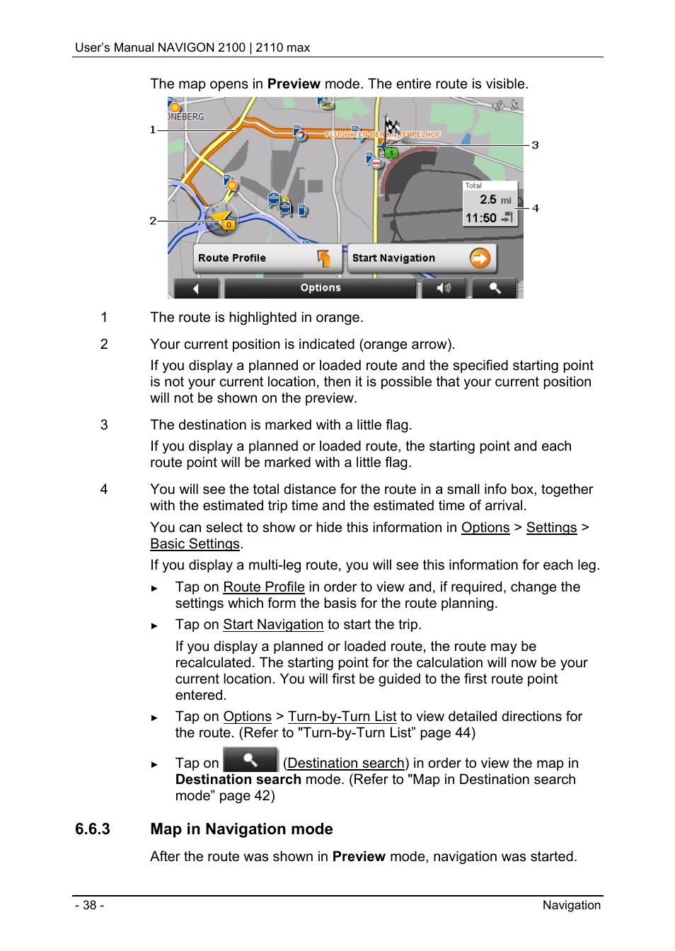 3 map in navigation mode, Map in navigation mode | Navigon 2100 User Manual | Page 38 / 57