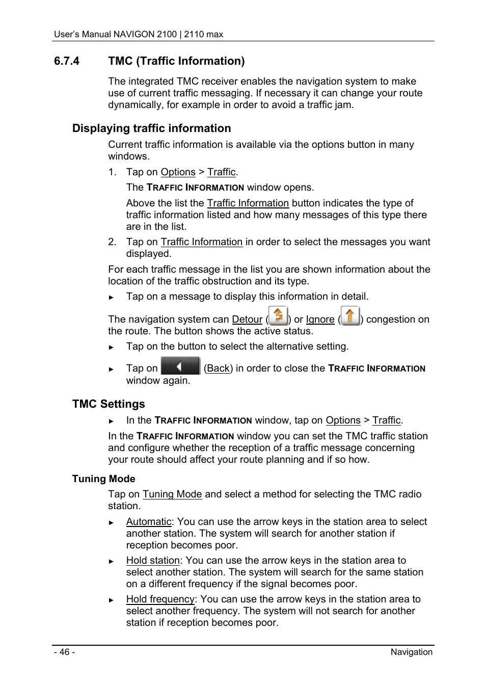 4 tmc (traffic information), Tmc (traffic information), Displaying traffic information | Tmc settings | Navigon 2100 User Manual | Page 46 / 57