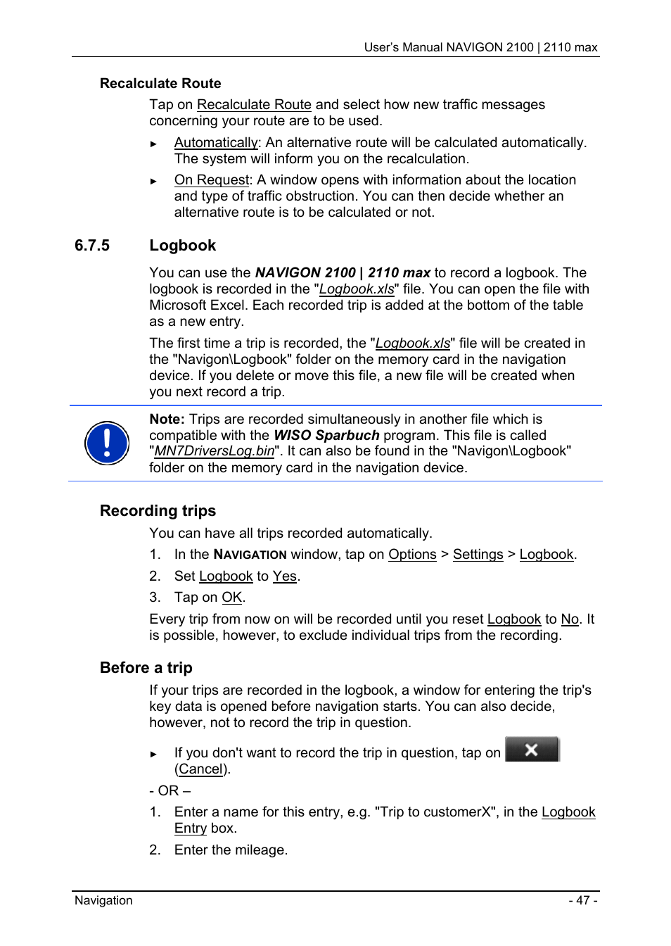 5 logbook, Logbook, Recording trips | Before a trip | Navigon 2100 User Manual | Page 47 / 57